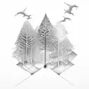 A blackwork tattoo of a forest with hidden mechanical farm elements scattered throughout the design tattoo design idea