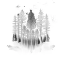 A blackwork tattoo of a forest with hidden mechanical farm elements scattered throughout the design tattoo design idea