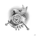 A mechanical raven with gears and tools in a farm setting tattoo design idea
