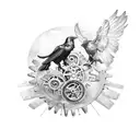 A mechanical raven with gears and tools in a farm setting tattoo design idea