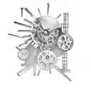 A mechanical raven with gears and tools in a farm setting tattoo design idea