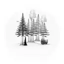 A forest landscape with mechanical farm equipment integrated into the scenery tattoo design idea