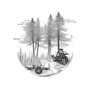 A forest landscape with mechanical farm equipment integrated into the scenery tattoo design idea
