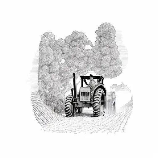 A valley full of vineyards and a worker in a tractor overseen by a rising sun tattoo design idea