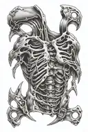 Rib Tattoo that looks like the skin has been ripped open exposing the rib bones that have two dog tags hanging from the  tattoo design idea
