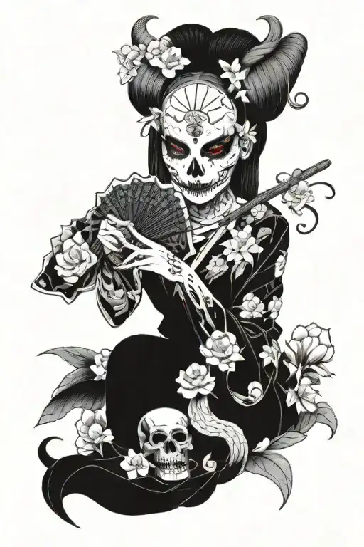 japanese lady and a fan with flowers, skull with snake with fangs showing wrapped around it, hannya mask tattoo design idea