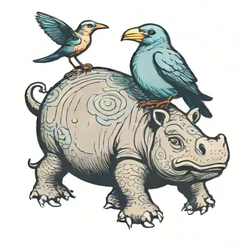 bird standing on hippo's head  tattoo design idea