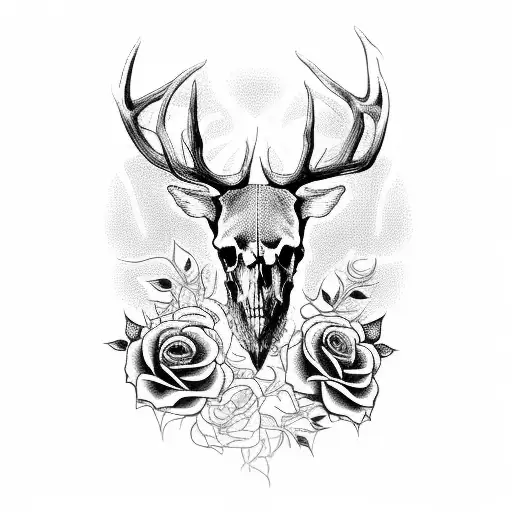 elk skull with vines and roses  tattoo design idea