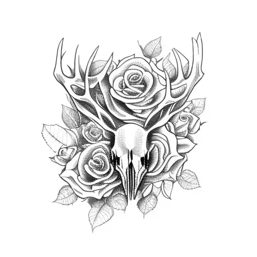 elk skull with vines and roses  tattoo design idea