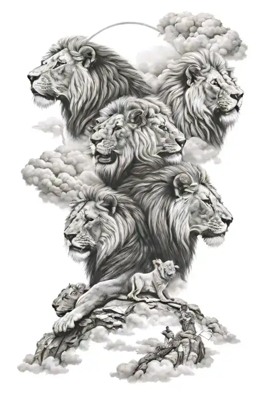 Pack of Lions at the top of heaven gates mountain and clouds tattoo design idea