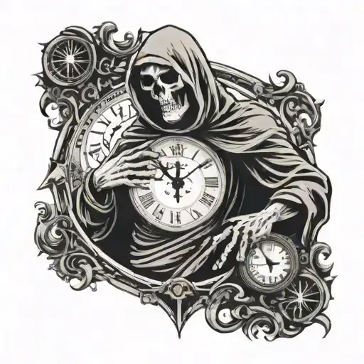 a grim reaper who opens his chest to reveal a clock. tattoo design idea