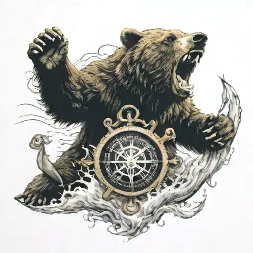 BEAR ROARING WITH COMPASS AND ANCHOR IN MY STORM tattoo design idea