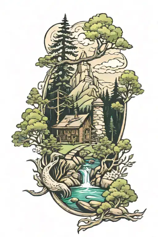 Right arm tattoo with mountain, forest, stream, mill and deer tattoo design idea