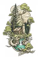 Right arm tattoo with mountain, forest, stream, mill and deer tattoo design idea