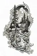 Right arm tattoo with mountain, forest, stream, mill and deer tattoo design idea