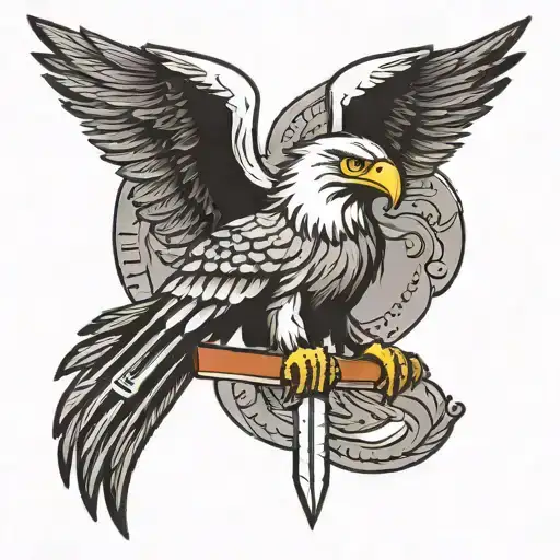 cartoon eagle holding a knife with his wing. standing.  tattoo design idea