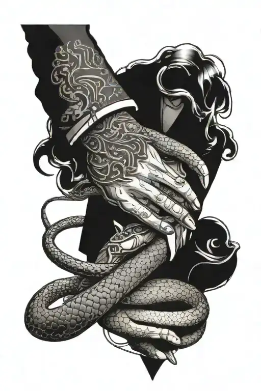 suit handshake with snake wrapped tattoo design idea