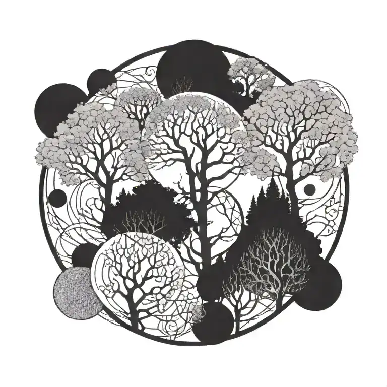 four circles arranged vertically with trees  tattoo design idea