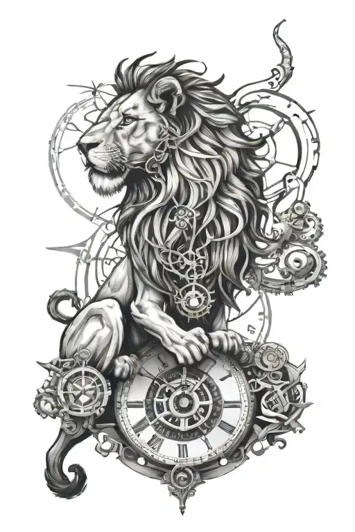 lion with broken clock mechanism intertwined tattoo design idea
