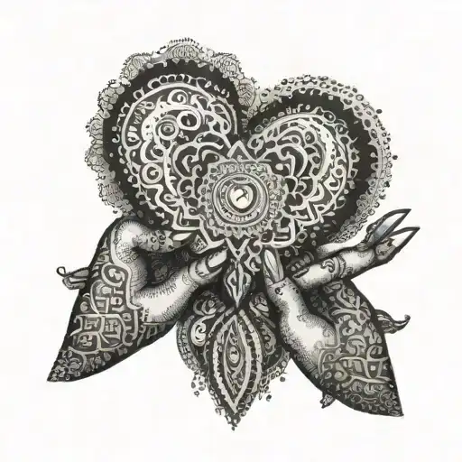 An Indian girl with intricate henna designs holding a heart, symbolizing cultural heritage and love tattoo design idea