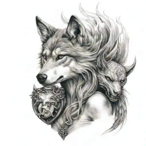 An wolf girl with holding a heart and is protected by by dragon tattoo design idea