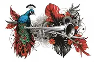peacock feather with flute and a charater R which accommodate caracter A within  tattoo design idea