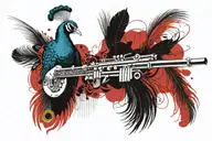 peacock feather with flute and a charater R which accommodate caracter A within  tattoo design idea