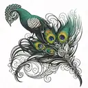 peacock feather with flute and a charater R which accommodate caracter A within  tattoo design idea