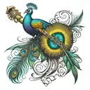peacock feather with flute and a charater R which accommodate caracter A within  tattoo design idea