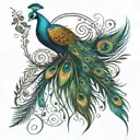 peacock feather with flute and a charater R which accommodate caracter A within  tattoo design idea