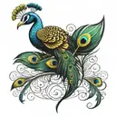 peacock feather with flute and a charater R which accommodate caracter A within  tattoo design idea