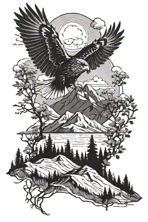 nature with trees hawk flying and mountains on forearm tattoo design idea