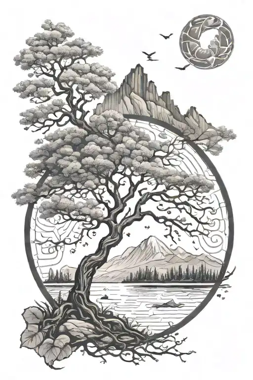 DNA tree and mountains tattoo design idea