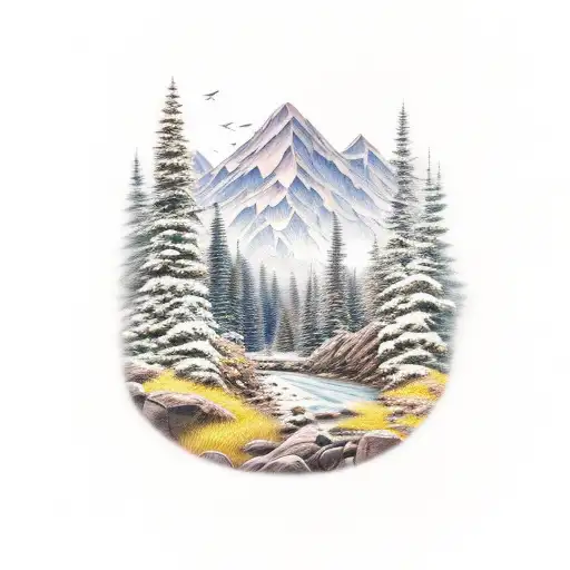 mountain, stream, bear, deer tattoo design idea