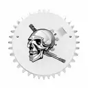 skull  bandana covering  face with motorcycle speedometer, gears, pistons tattoo design idea