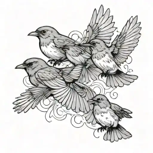 five robins (birds) flying in the sky tattoo design idea