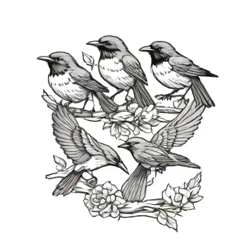 five robins (birds) flying in a line tattoo design idea