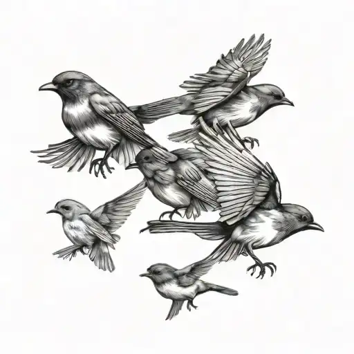 five robins (birds) flying in a realistic style tattoo design idea