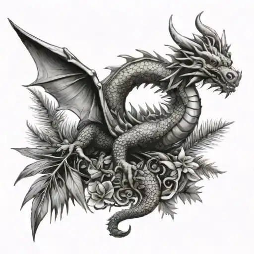 Dragon next to a pine tree with philodendron leaves surrounding it.  tattoo design idea