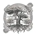 Central Element - Yggdrasil:  The tree is tall and majestic, with gnarled, intricate branches and deep, sprawling roots. tattoo design idea