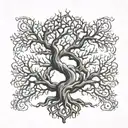 Central Element - Yggdrasil:  The tree is tall and majestic, with gnarled, intricate branches and deep, sprawling roots. tattoo design idea