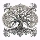 Central Element - Yggdrasil:  The tree is tall and majestic, with gnarled, intricate branches and deep, sprawling roots. tattoo design idea