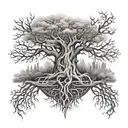 Central Element - Yggdrasil:  The tree is tall and majestic, with gnarled, intricate branches and deep, sprawling roots. tattoo design idea