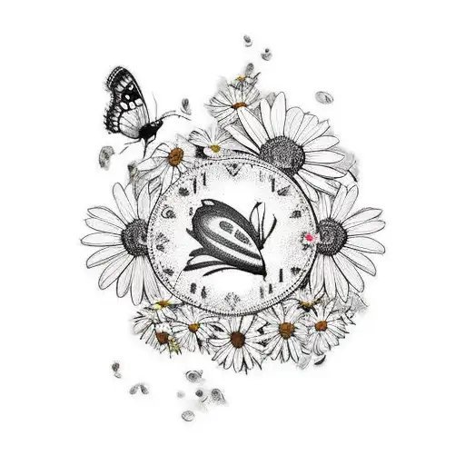 arm tattoo with daisies, ladybug, cardinal, butterfly, feather, and a heart shaped locket with "13" and cursive "B"  tattoo design idea