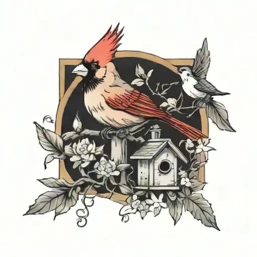 A CARDINAL ON A TREE BRAND WITH A BIRDHOUSE AND FLOWER WITH A HUMMINGBIRD FLYING NEAR tattoo design idea