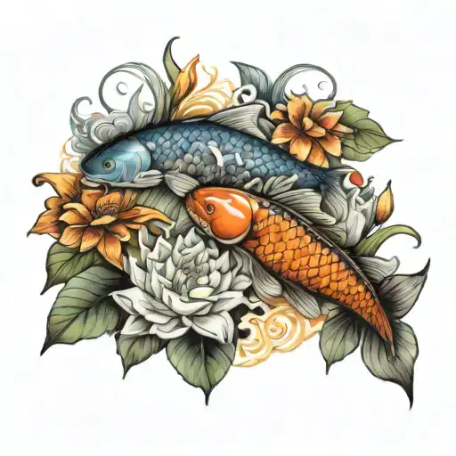 koi and flower fish family tattoo design idea
