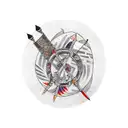 quiver with six arrows each with unique feathers, two wedding rings dangling from a cord attached to the quiver tattoo design idea