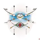 quiver with six arrows each with unique feathers, two wedding rings dangling from a cord attached to the quiver tattoo design idea