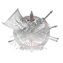 quiver with six arrows each with unique feathers, two wedding rings dangling from a cord attached to the quiver tattoo design idea