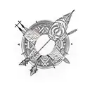 quiver with six arrows each with unique feathers, two wedding rings dangling from a cord attached to the quiver tattoo design idea